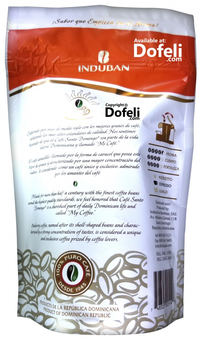 Ground Santo Domingo Caracolillo coffee from the Dominican Republic, known for its smooth acidity and bold body.